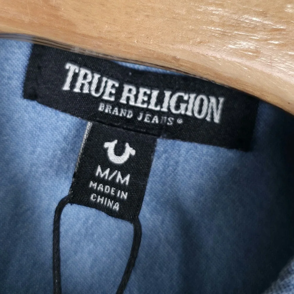 NWT True Religion Western Denim Shirt Men Medium Chambray Pearl Snap Embroidered